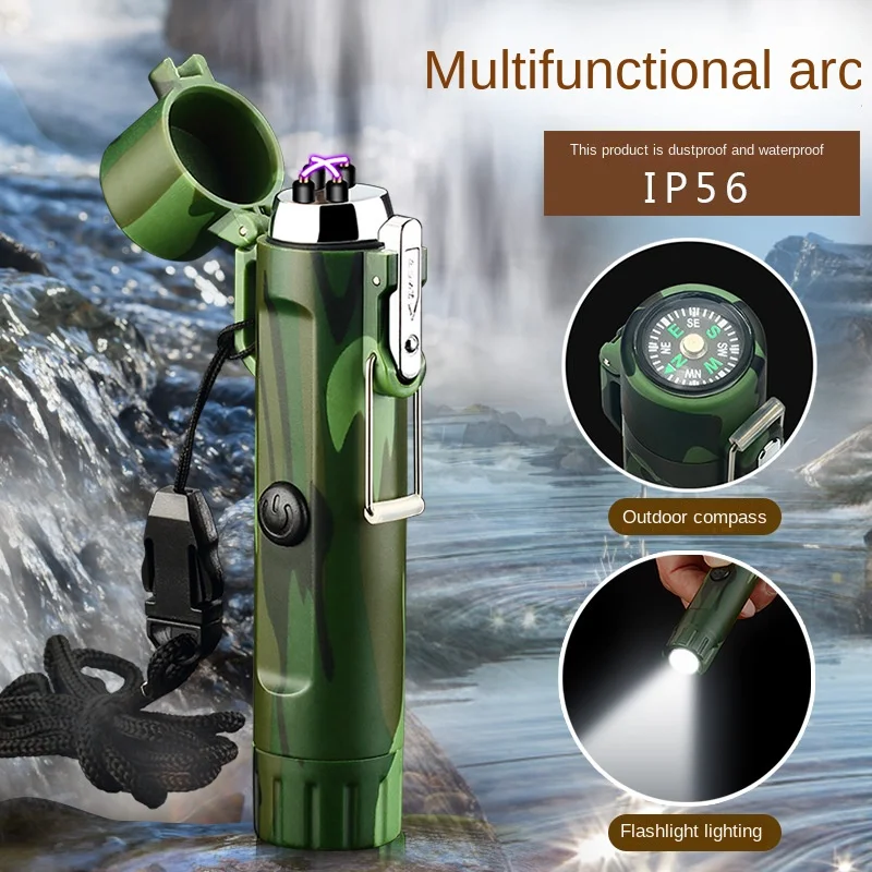 

New Multi-functional Dual Arc Waterproof Lighter With Compass And Night Light Outdoor Travel Supplies