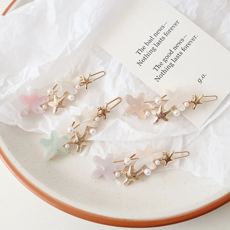 

Vintage Women Hair Clip Starfish Heart Hair Clip Flower Resin Handmade Side Clip Imitation Pearl Sweet Cute Girl’s Metal Hairpin