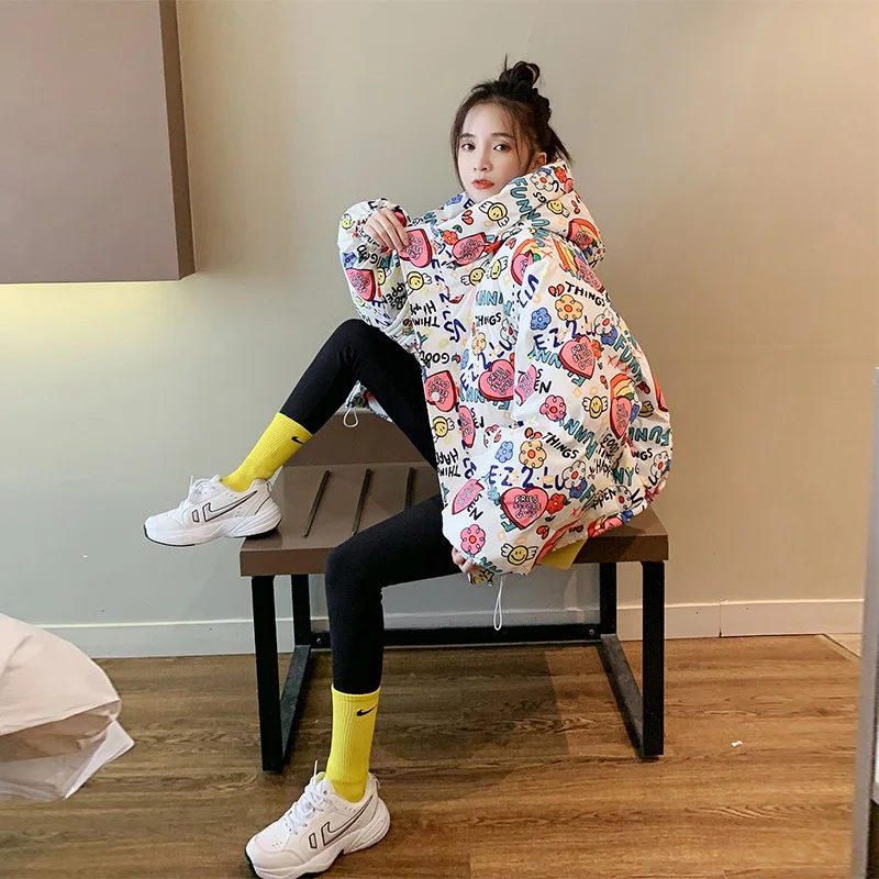New Hooded Down Jacket Women's Skinny Graffiti Print Thickened Cotton Jacket White Duck Down Short Section Bread Clothes Jacket