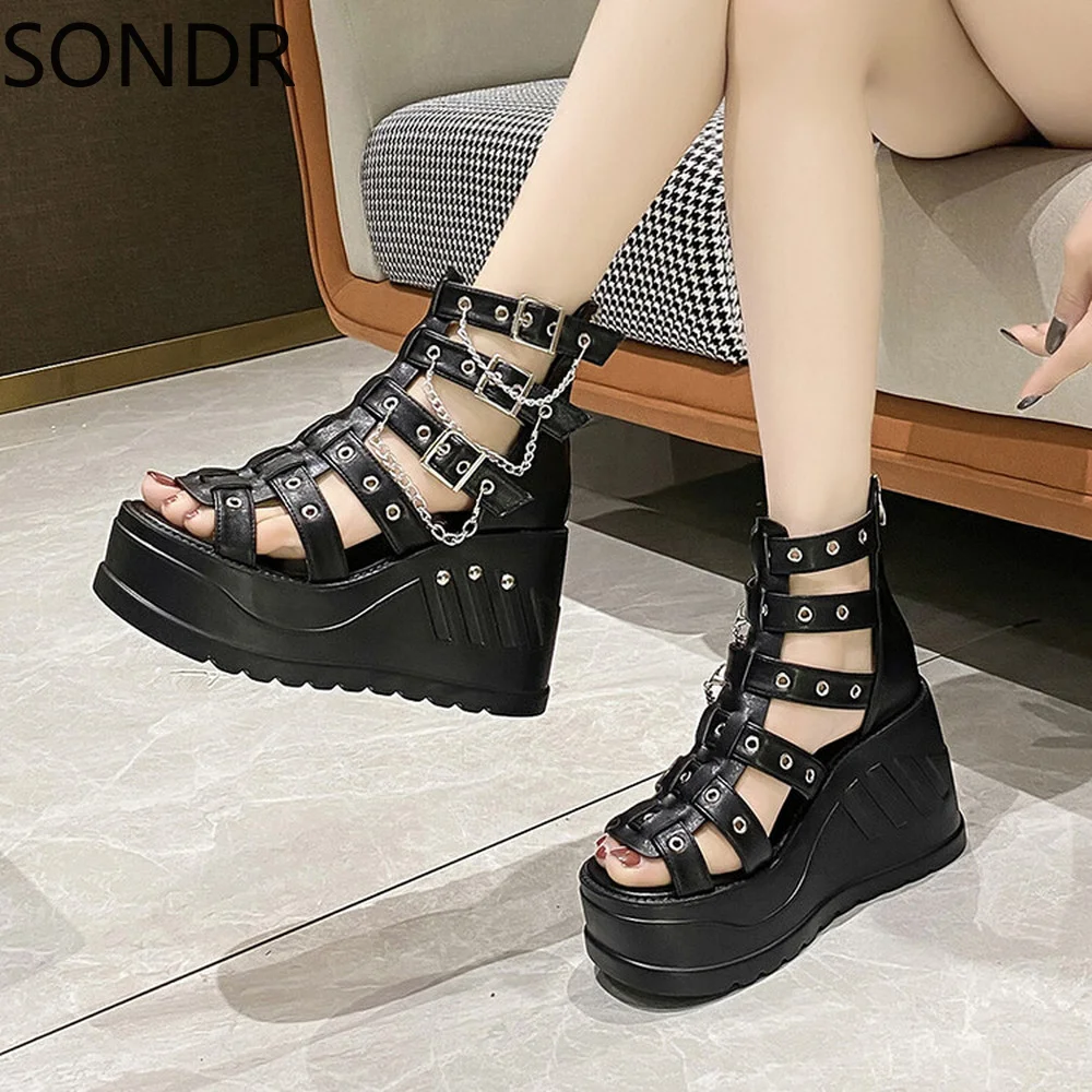 

Womens Peep Toe Platform Sandals Strappy Gladiator Roman Wedge High Heel Shoes Belt Buckle Metal Chain Punk Plus Sz New 2022