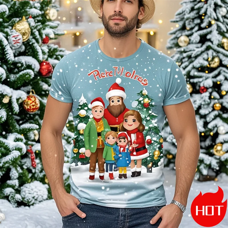 2024 New Fashion Xmas T-Shirt Santa Claus Casual 3D Printed Street Hip Hop Family Reunion Christmas Gift Kids Short Sleeve Tops