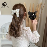 iceclouds new women ins sweet plaid ribbon pearl hairclip ponytail hairpin bow hair claw barrette fashion hair accessories