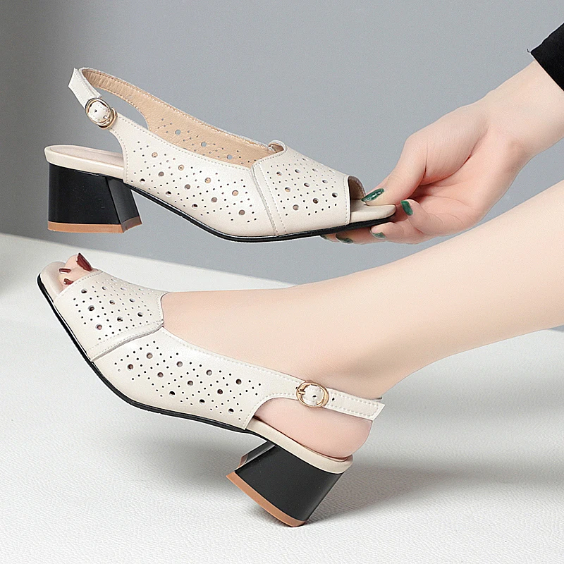 AIYUQI Sandals Women Summer 2023 New Fishmouth Genuine Leather Women Sandals Block Heel Large Size Middle-aged Mom's Sandals