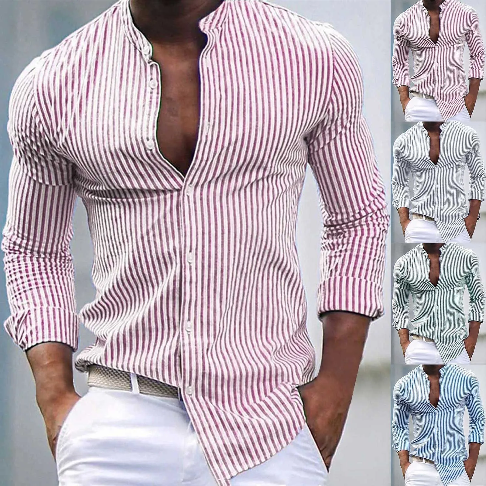 

Блузка мужская в полоску, с длинным рукавом и воротником-стойкой