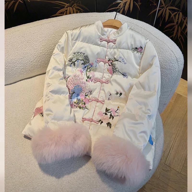 Пальто с хлопковой подкладкой китайской вышивкой пуховик на флисовой подкладке