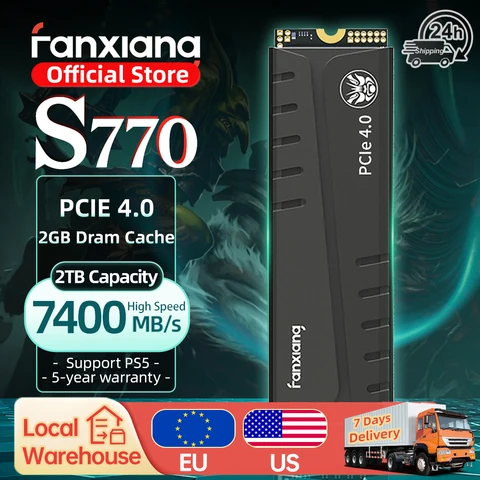 SSD-накопитель Fanxiang S770 M.2, 500 Гб, 1 ТБ, 2 ТБ 4 ТБ, до 7400 Мб/с, M.2 NVMe PCIe4.0, 1 ГБ, DRAM-кэш, Внутренний твердотельный накопитель для PS5