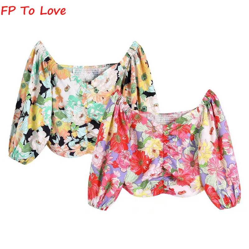 

FP TO LOVE 2022 Summer Printed Lantern Sleeve Summer Sweet Top Contrast Color High Waist Seven Point Sleeve Shirt