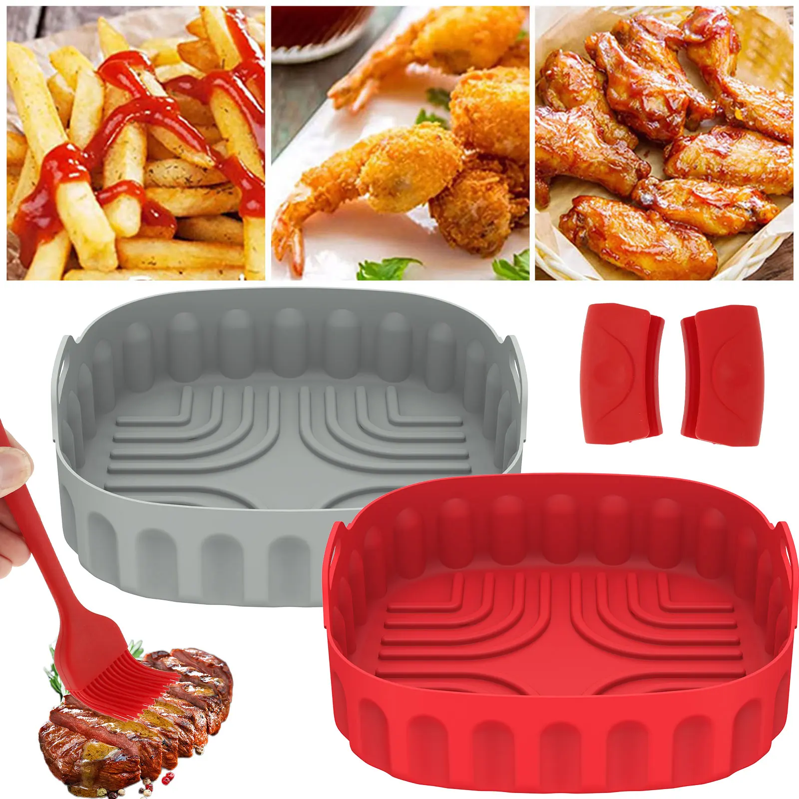 

Air Fryer Silicone Liners with Oven Mitts Brush Food Grade Air Fryer Silicone Pan with Handle Foldable Air Fryer Silicone Tray