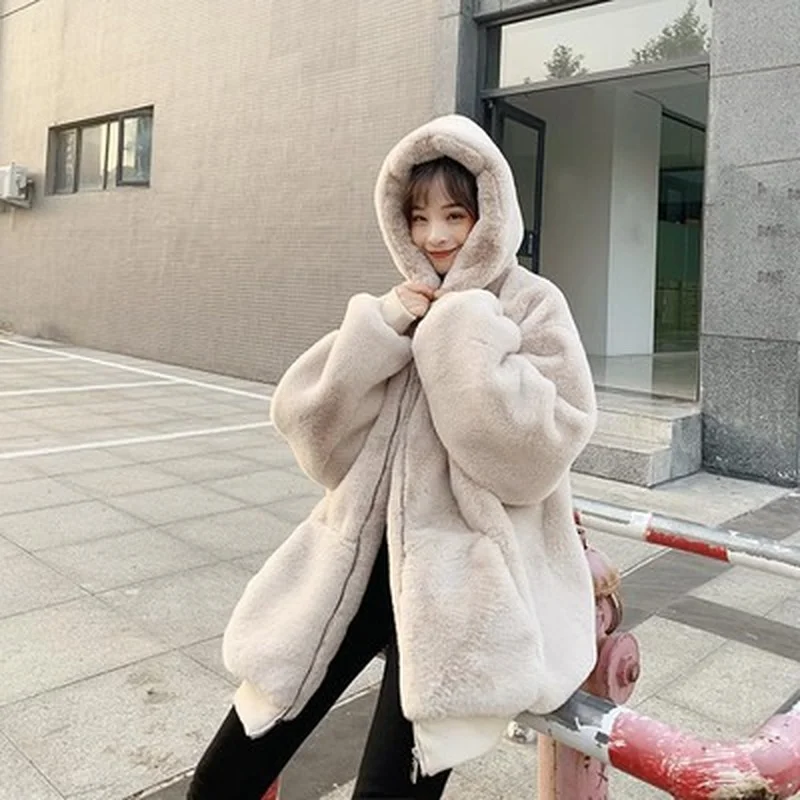 Faux Rabbit Fur Coat Winter Thick Furry Teddy Coats Warm Women Parkas Long Sleeve Hooded Fashion Outwear White Black Fur Jacket