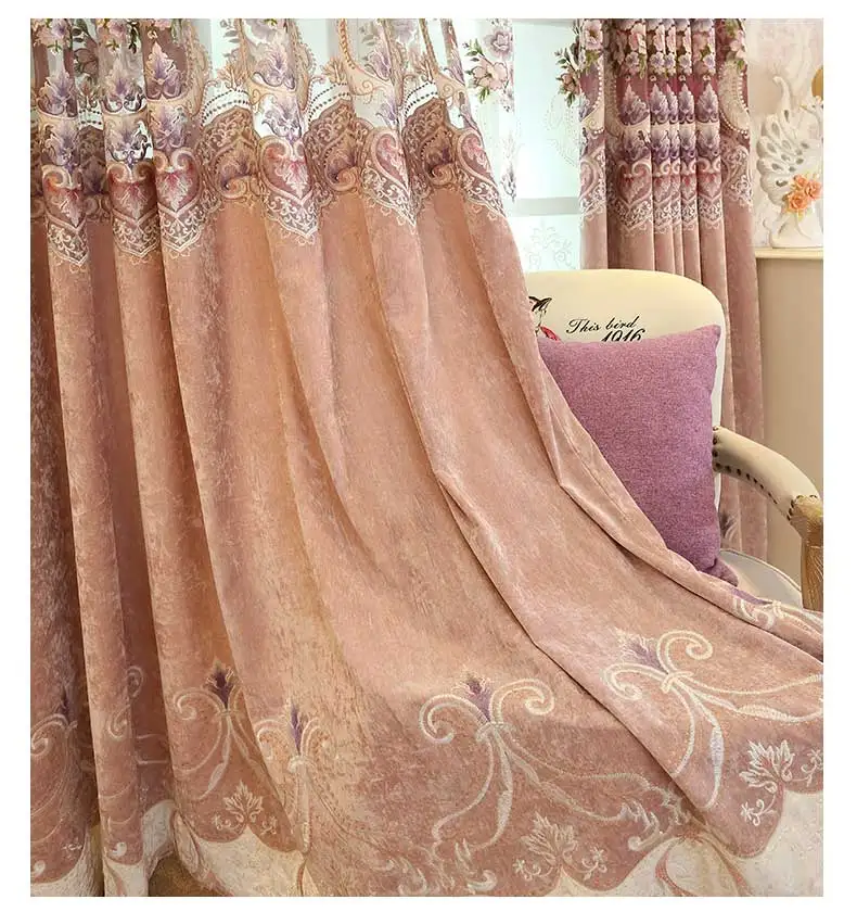

European Style Curtains for Living Room Dining Bedroom Luxury Embroidery Fabric Brown Pink CurtainTulle Custom Curtain Valances
