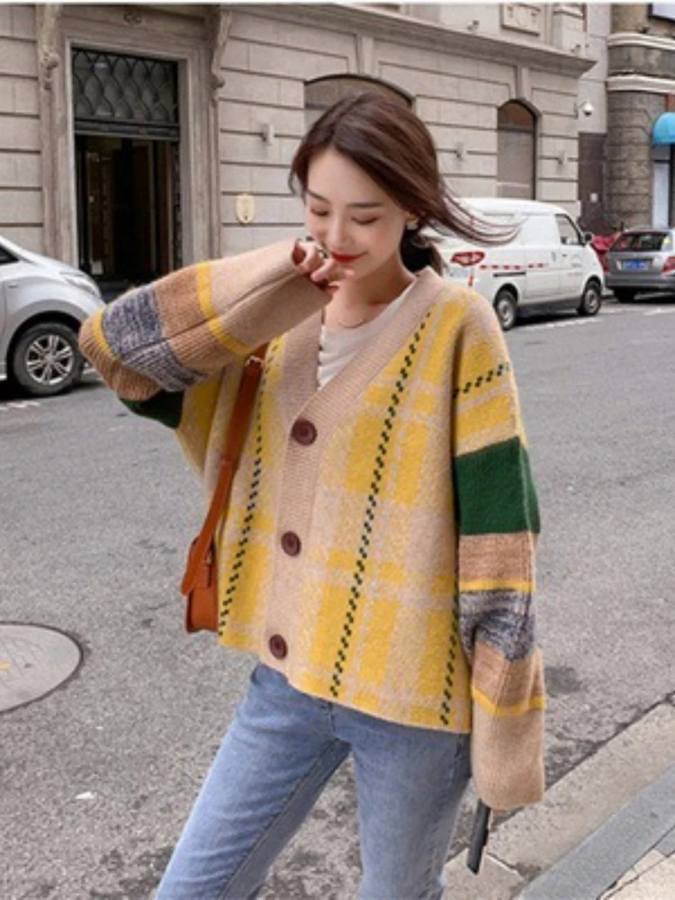 

Осенне-зимний контрастный вязаный кардиган, Женский утепленный свободный свитер в Корейском стиле, пальто, уличная одежда, женская одежда, ...