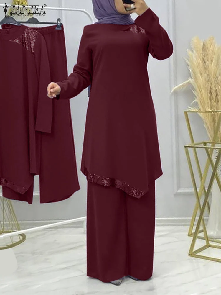 

ZANZEA 2PCS Long Sleeve Bead Splicing Blouse Loose Pant Muslim Woman Fashion Suit Ramadan Vintage Elegant Dubai Turkey Outfits