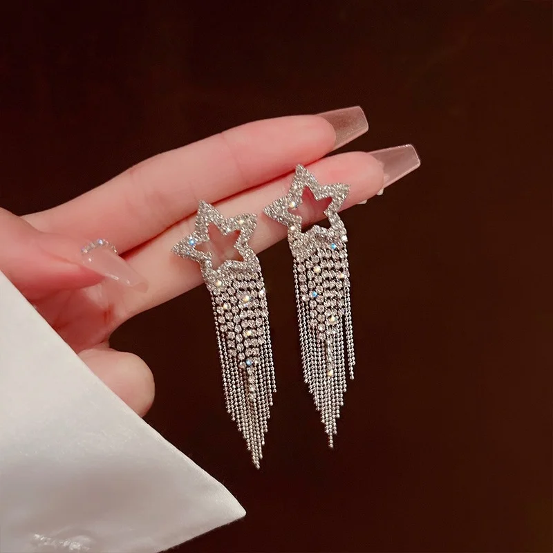 

2022 New Korean 925 Silver Pentagram Tassel Stud Earrings for Women Fashion Crystal Elegant Jewelry Party Gifts