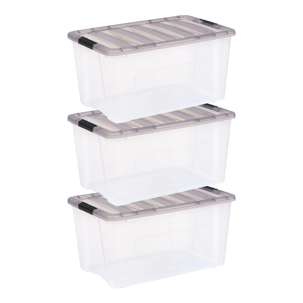 

72 Quart Stack & Pull™ Clear Storage Box with Gray Lid, Set of 3,Strong and Durable,25.63 X 16.88 X 13.25 Inches