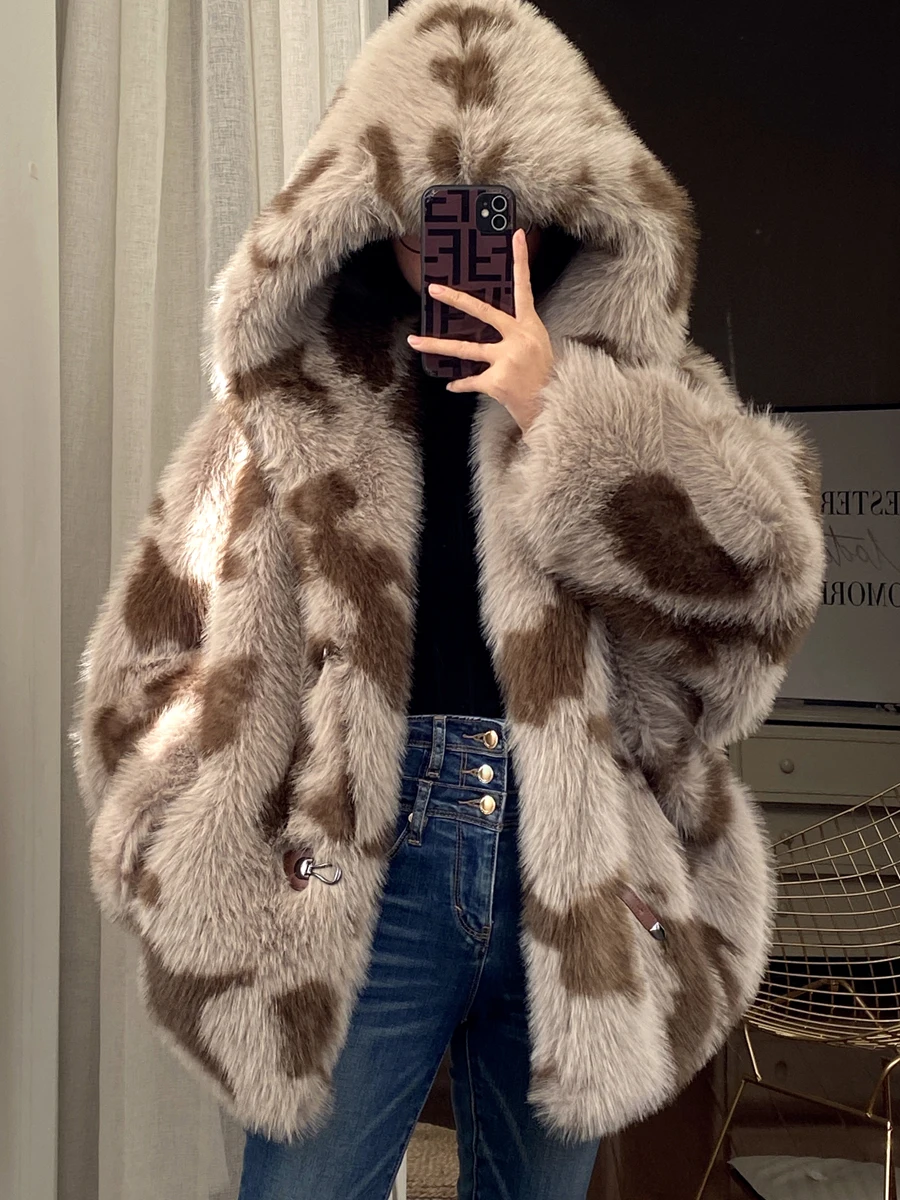 Environment Protection Fake Fur Jackets Women Fluffy Coats New Fashion Winter Thicken Hooded Overcoat Warm Cotton-padded Coat