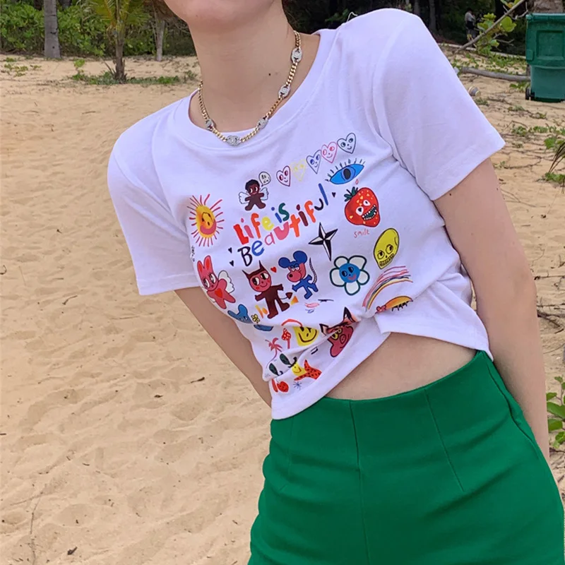 

Summer Sexy American Crop tops Cartoon Women grunge Short T-shirt Ulzzang y2k Tops 2000s short sleeve Harajuku Streetwear Tees