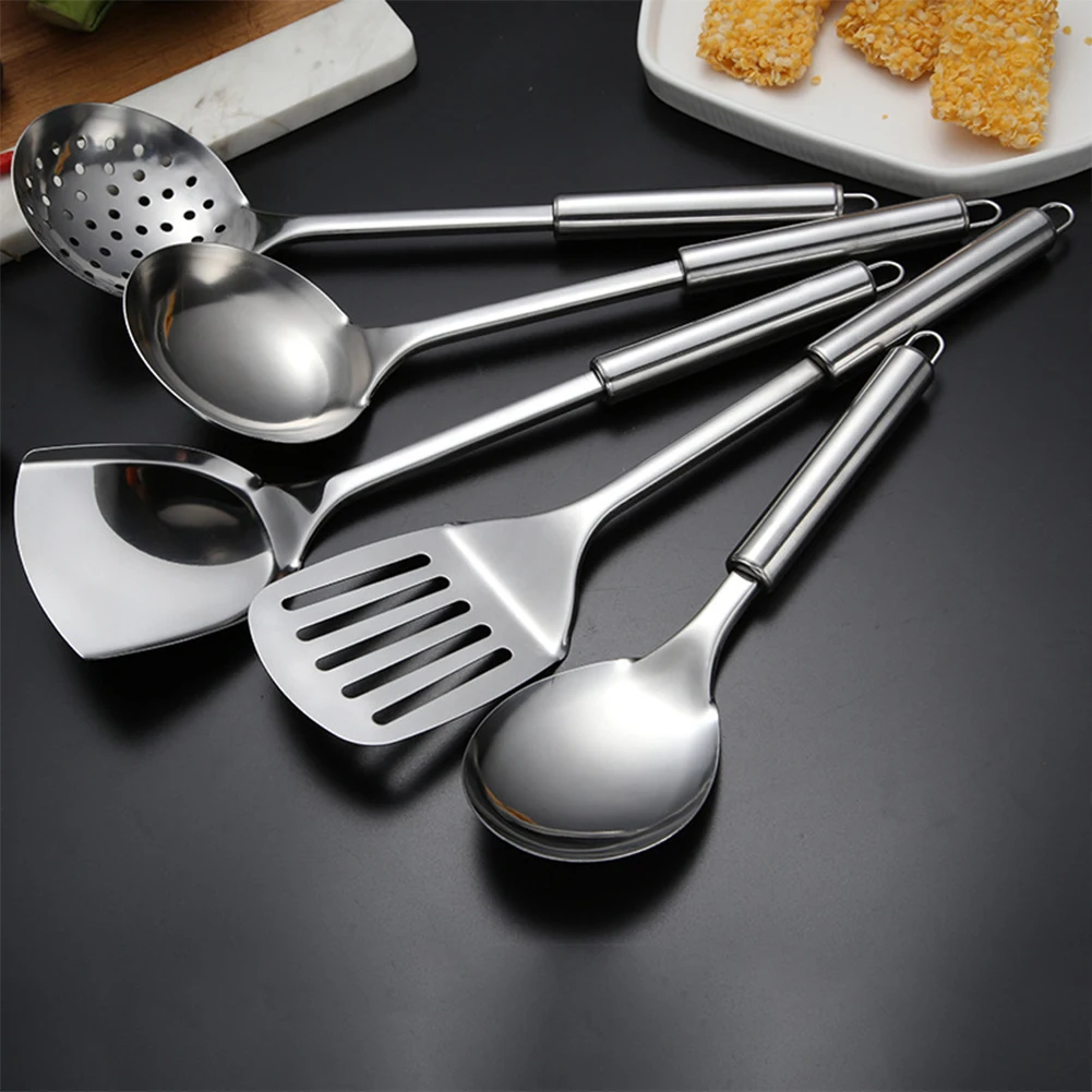 

5pcs Cooking Stainless Steel Colander Healthy Easy Clean Spatula Multifunctional Spoon With Hanging Hole Kitchen Utensil Set