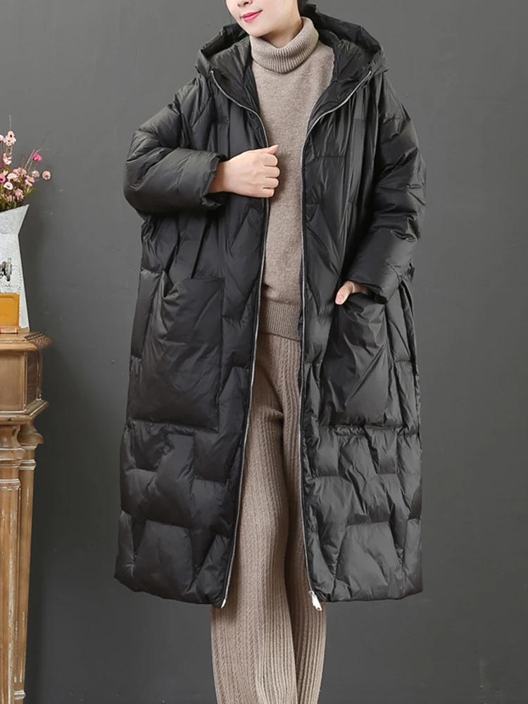 Ailegogo New Winter Women Thick Warm 90% White Duck Down Long Coat Loose Hooded Female Pocket Zipper Down Parkas Jacket Outwear