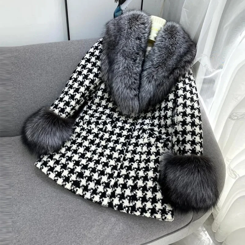 Fashion High-End Fur Coat Women 2022 Winter Imitation Silver Fox Fur Collar Medium Long Thousand Bird Check Temperament Coats