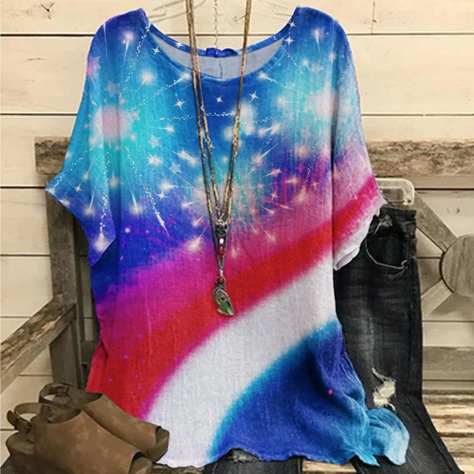 

Women Tie Shirt Women Casual Independence Day Print Round Neck Short Sleeve Shirt Blouse Loose Tunic Top Tops for Leggings