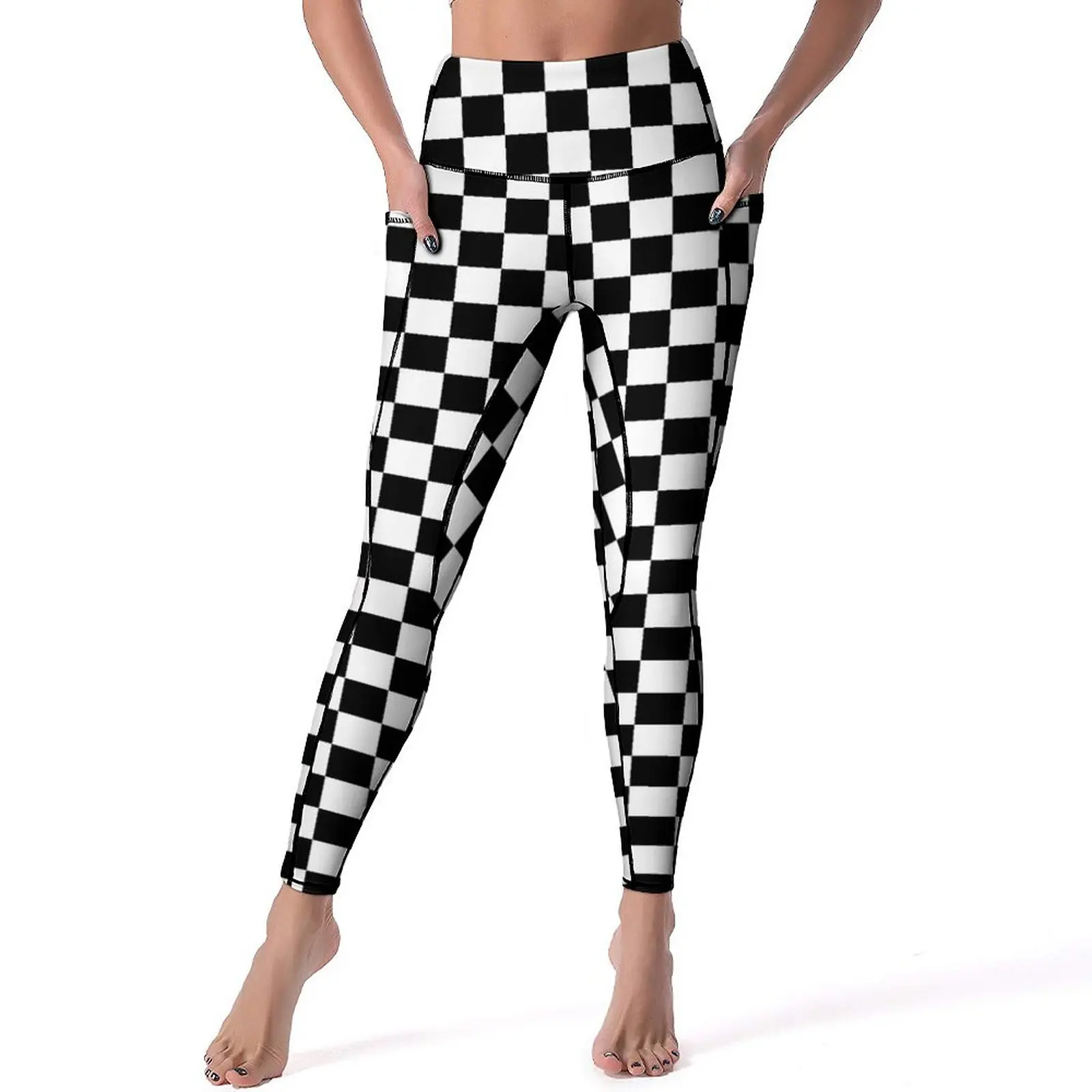 

Two Tone Yoga Pants Sexy Black White Checkerboard Custom Leggings Push Up Fitness Gym Leggins Women Cute Quick-Dry Sports Tights