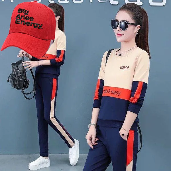 

2023 New Long Sleeve Set Women's Style Contrast Round Neck Fashion Oversize Sweater Pants Two Piece Set