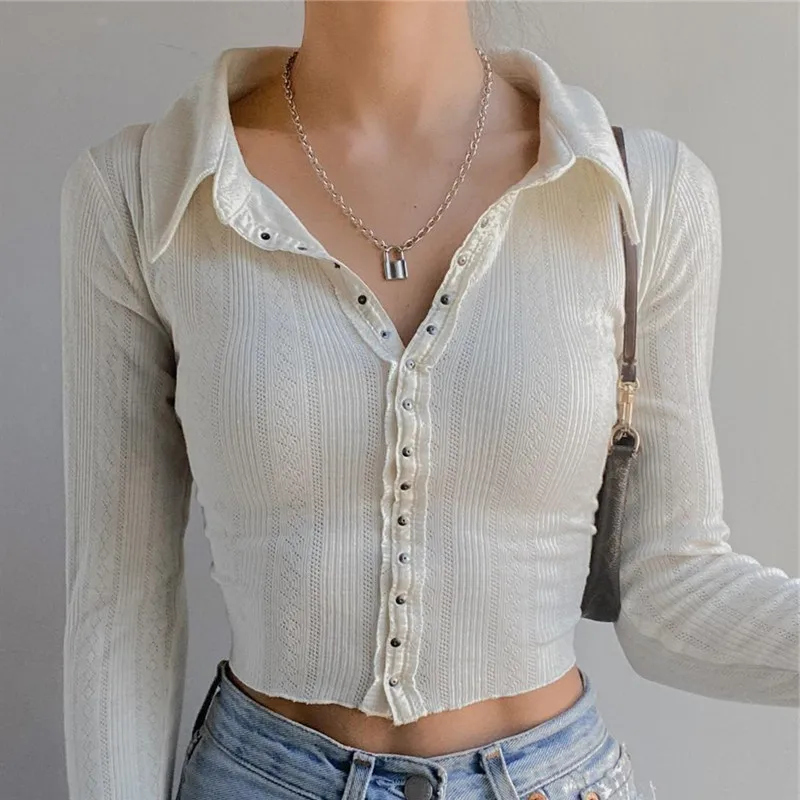

Women White Cropped Tops Full Sleeve T shirts Single Breasted Turn Down Collar Cardigan women clothing y2k top Tees Autumn Tops