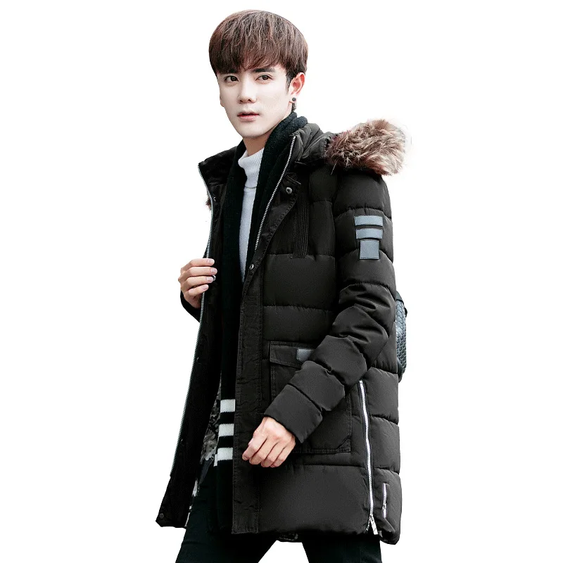 Winter Men's Cotton Coat Thickened Hooded Mid-length Fur Collar Youth Men's Large Size Cotton Coat Down Cotton