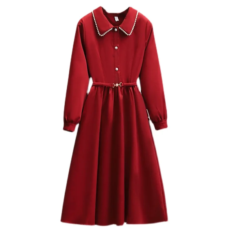 

Женское офисное платье-рубашка с бисером, красное однобортное свободное платье-трапеция средней длины с длинным рукавом, весна 2022