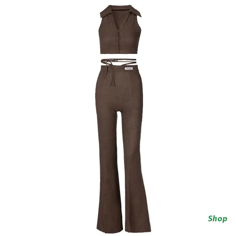 

L5YC Women Sexy 2 Piece Outfits Set Sleeveless Lapel V-Neck Button Crop Tank Top with Drawstring High Waist Split Hem Straight