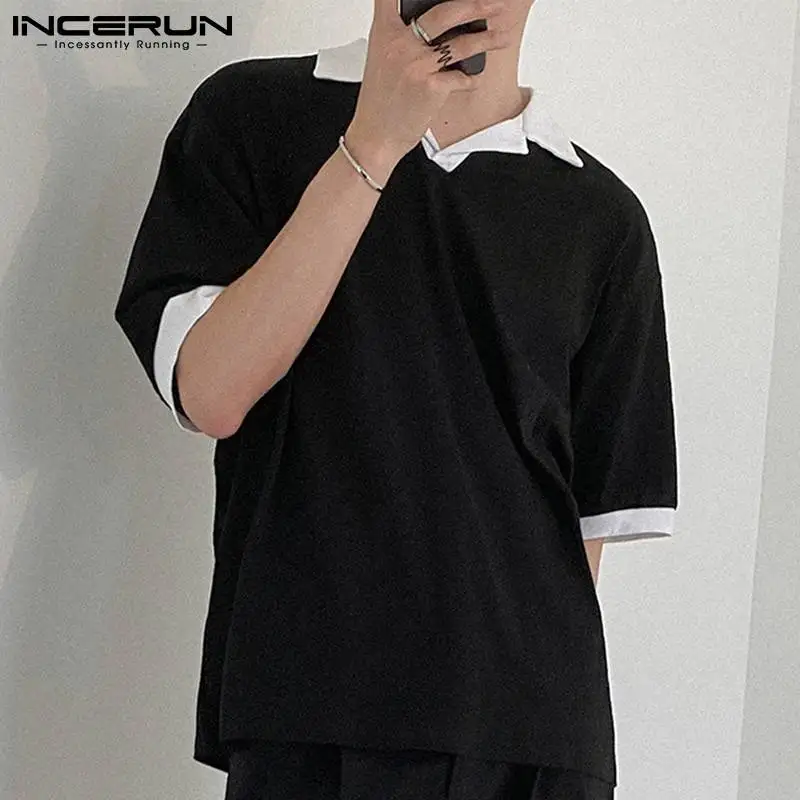 

Футболка INCERUN мужская с отложным воротником, модная уличная одежда в стиле пэчворк, повседневный топ с коротким рукавом, свободная повседне...