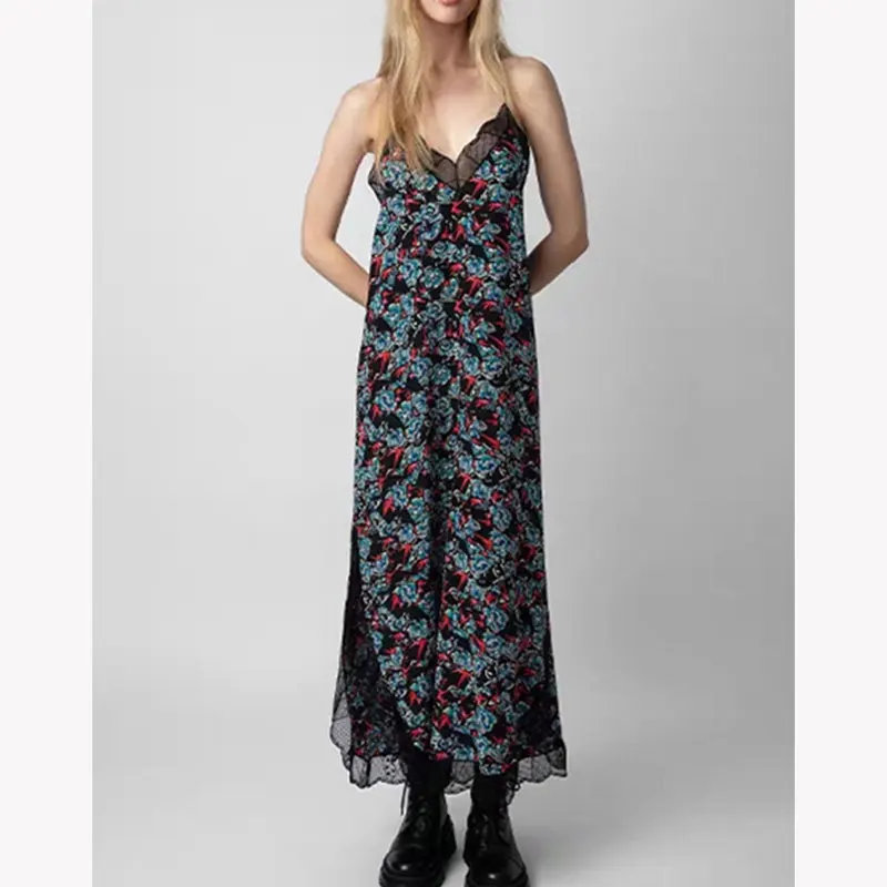 

Women Floral Print Midi Dress Sleeveless Lace Stitching 100% Silk V-neck Slit Summer 2023 Female Sexy Sling Robes
