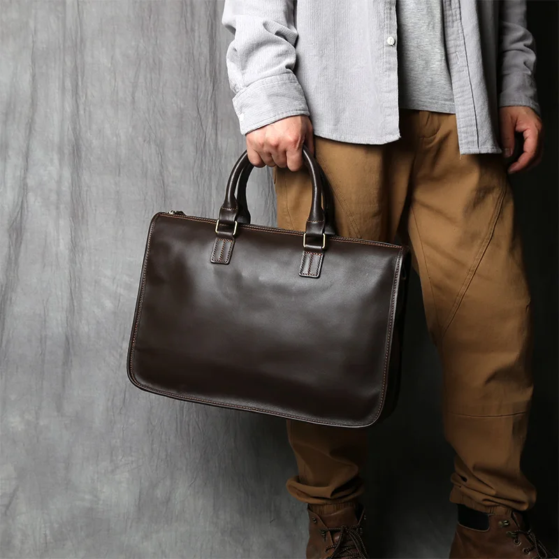 Retro Men's Leather Briefcase Natural Cowhide Cross Section Single Luxury Designer Bag Casual Business Handbag Laptop Briefcase