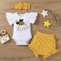 2022 summer baby boys girls infant clothes fly sleeve rompershortsbow headband cartoon letter print ruffles clothing outfits