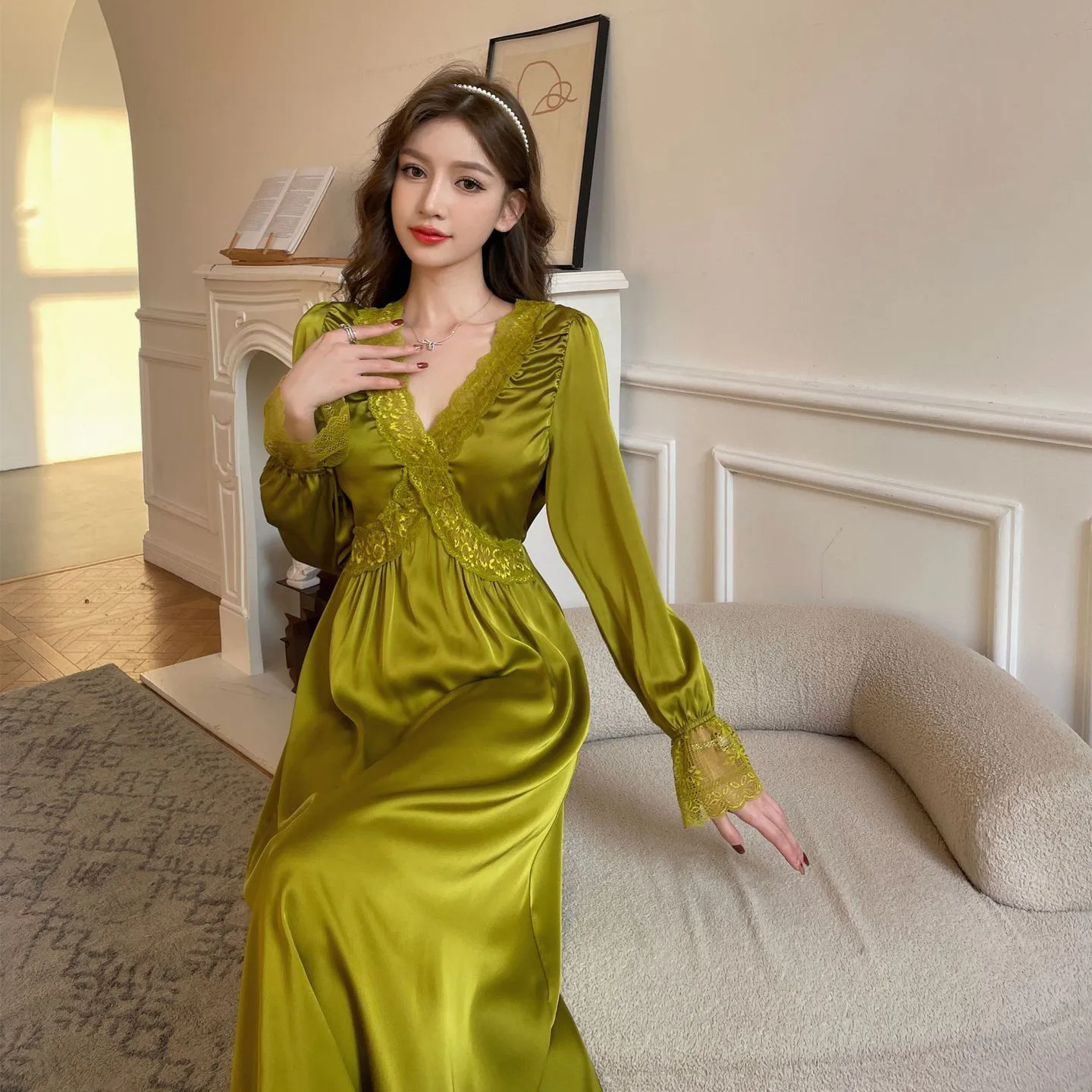 

French Style Women's Ice Silk Nightgown Spring Lace Trim V-neck Long Sleeve Sexy Solid Nightdress Pajamas for Women Sleepdress