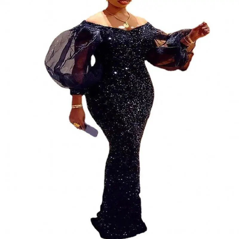 

African Dresses for Women 2022 Christmas Dress Dashiki Sexy Black Sequin Puff Sleeve Midi Bodycon Dress Party Clothes Robe Femme