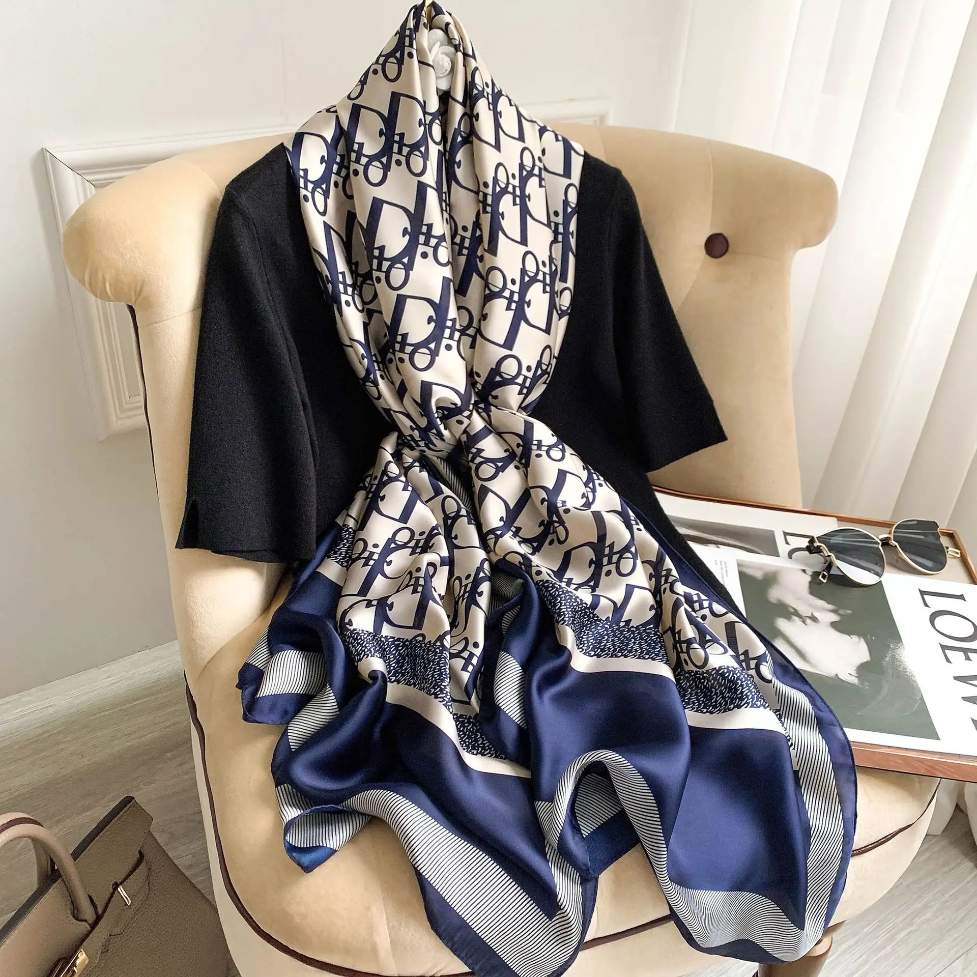 

New Spring and Autumn New Fashion Silk Scarf Female Letters Summer Sunscreen Shawl New Silk Satin Scarf Seaside Shade Scarf