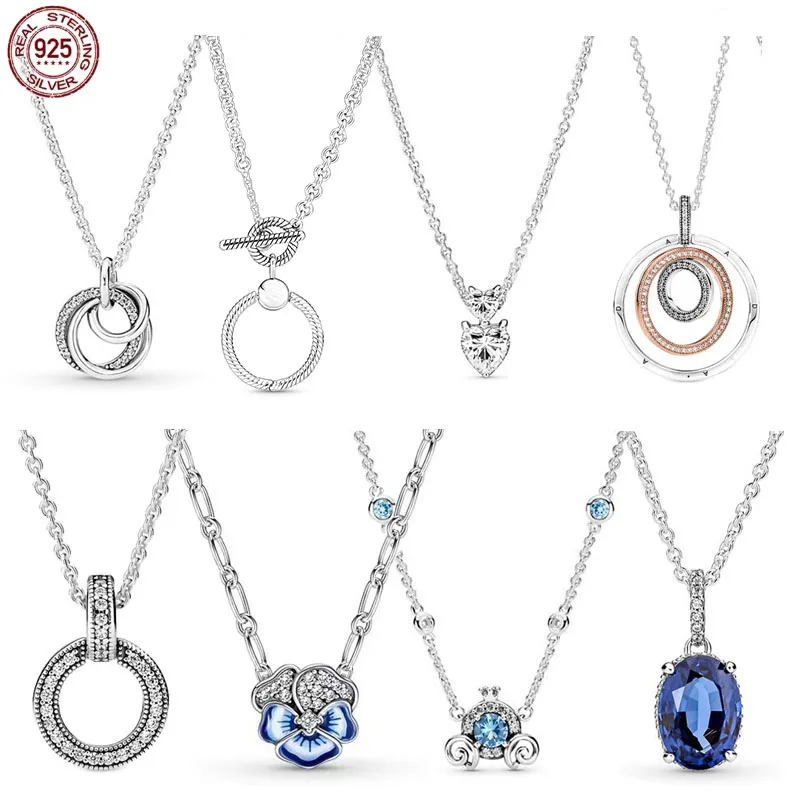 

Женское колье из серебра 925 пробы, двухцветное ожерелье с подвеской в виде кольца, ювелирные изделия, Женская цепочка на шею, подвеска, Пандо...