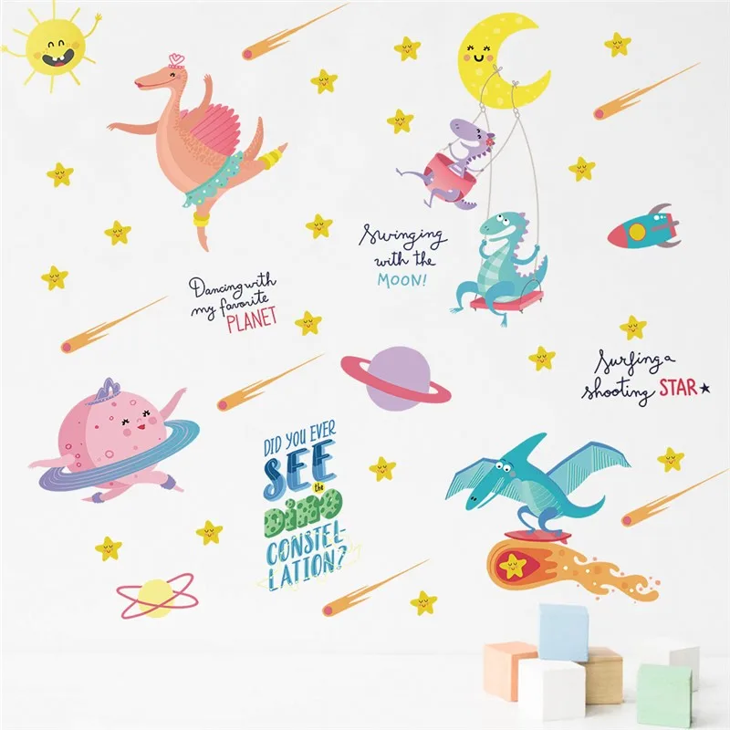 

Funny Dinosaurs With Cartoon Star Moon Sun Wall Stickers For Kids Room Decoration Animal Mural Art Diy Home Decals Space Posters