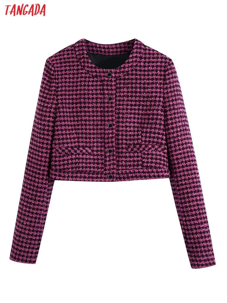 

Tangada Women Fashion Plaid Pockets Tweed Cropped Jacket Coat Vintage O Neck Long Sleeve Female Office Lady Spring Coat BE333