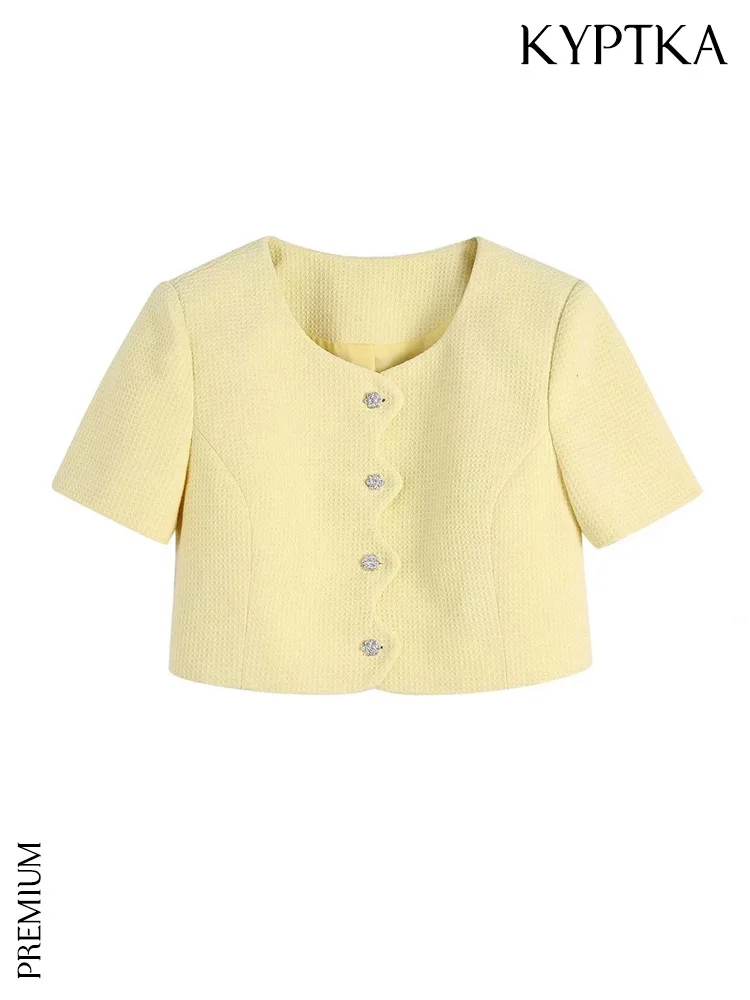

KYPTKA Women Fashion With Rhinestone Buttons Tweed Cropped Jacket Coat Vintage O Neck Short Sleeve Female Outerwear Chic Tops