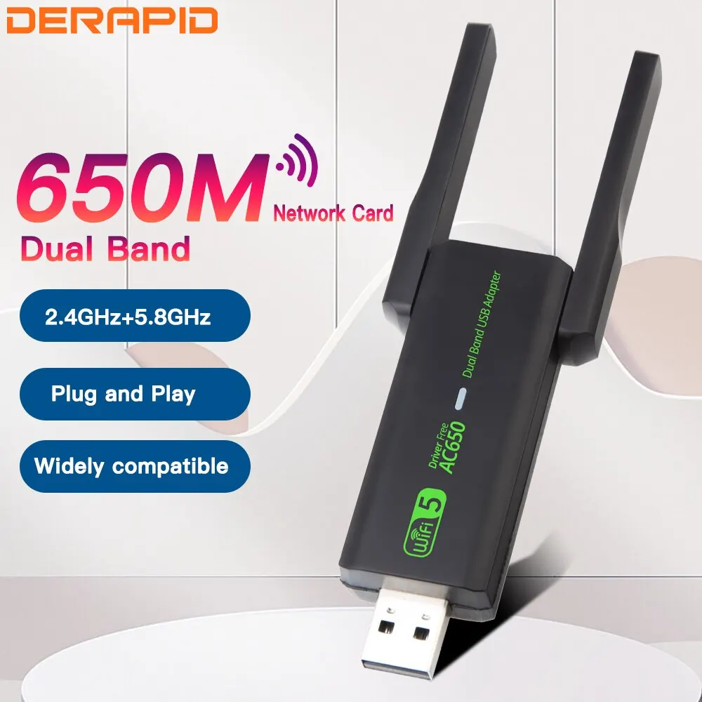DERAPID Wi-Fi USB AC650 адаптер двухдиапазонная беспроводная сетевая карта USB2.0 для