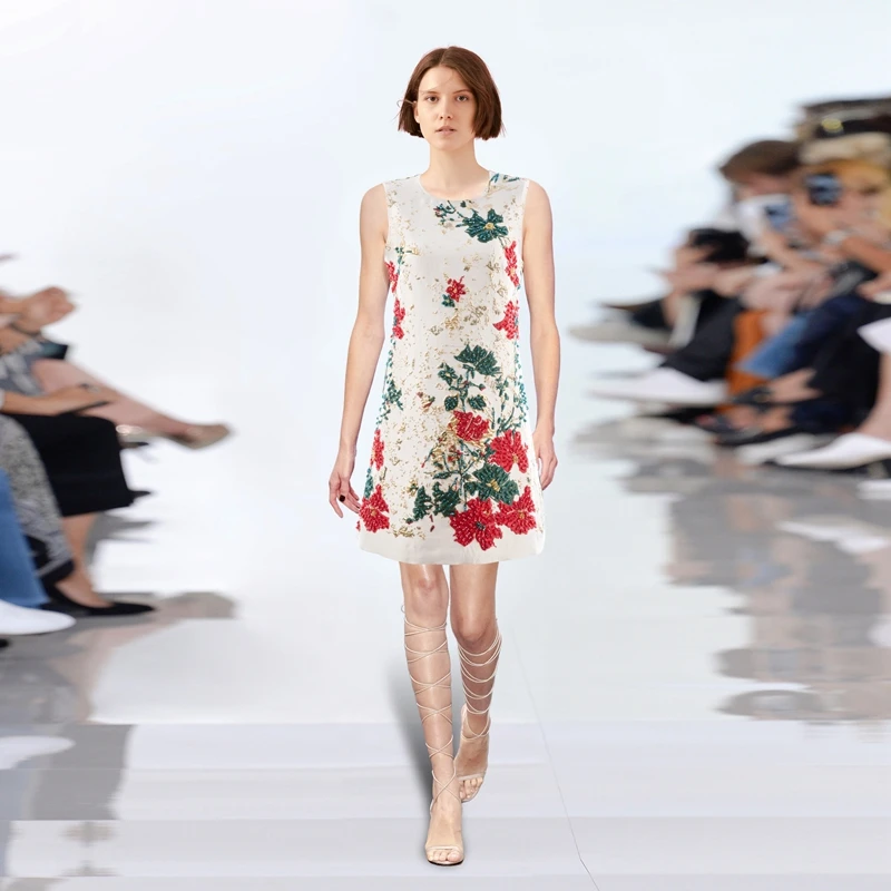 

Flower rich vest skirt summer new women's clothing gilt jacquard heavy industry nail bead sequin round neck sleeveless dress