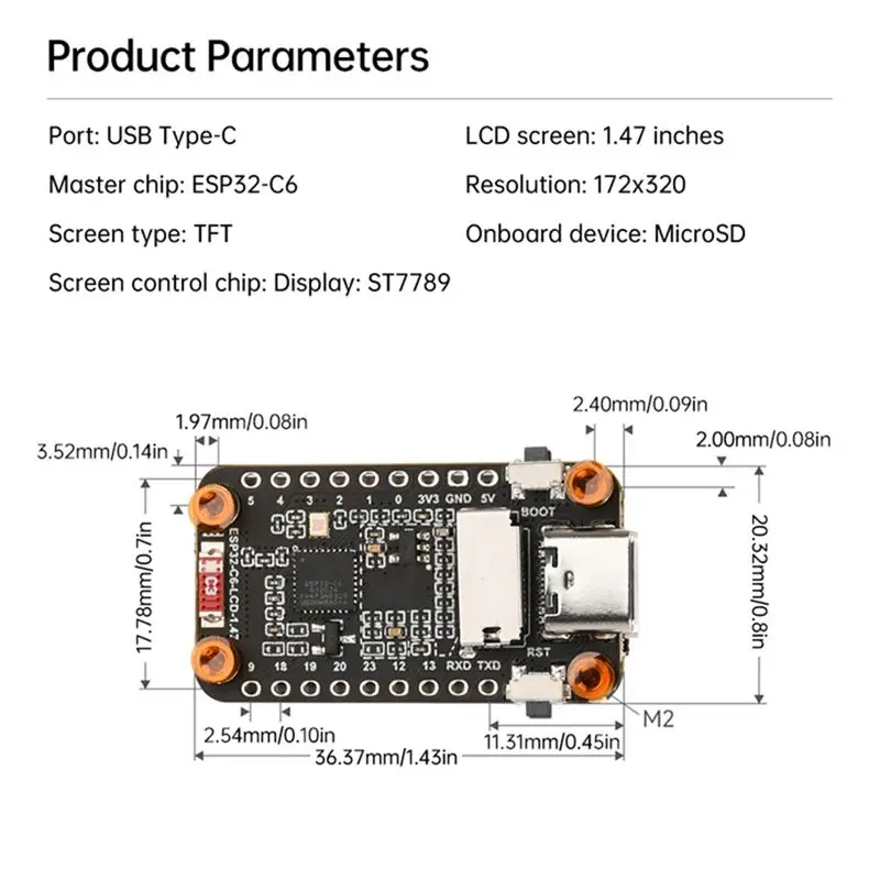 Фото [НОВИНКА A09R!] Плата для разработки с ЖК-экраном Esp32-C6 1,47 дюйма, Wi-Fi 6, Bluetooth 5, встроенным RGB-дисплеем и интерфейсом Type-C №2