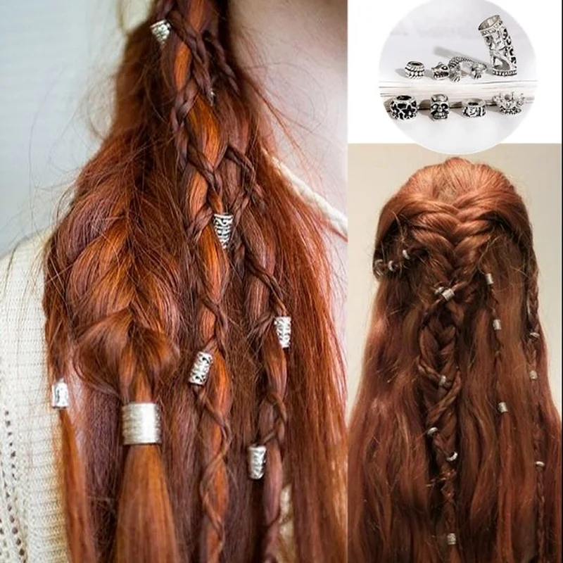 

5 Pcs Retro Alloy Viking Hair Antique Silver Gold Braid Dread Dreadlock Beads Rings for Hair Accessories Hollow-carved Design