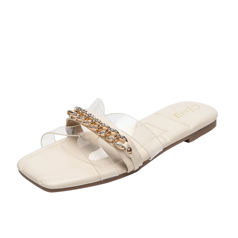 

Women's Flat Slides2022 Summer Fashion Chain Rhinestone Flat Sandals All-match Slipper Shoes for Women