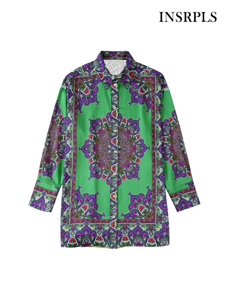 

Женские Модные свободные рубашки INSRPLS с боковыми прорезями, с принтом, винтажные женские блузки с длинным рукавом и пуговицами спереди, блуз...
