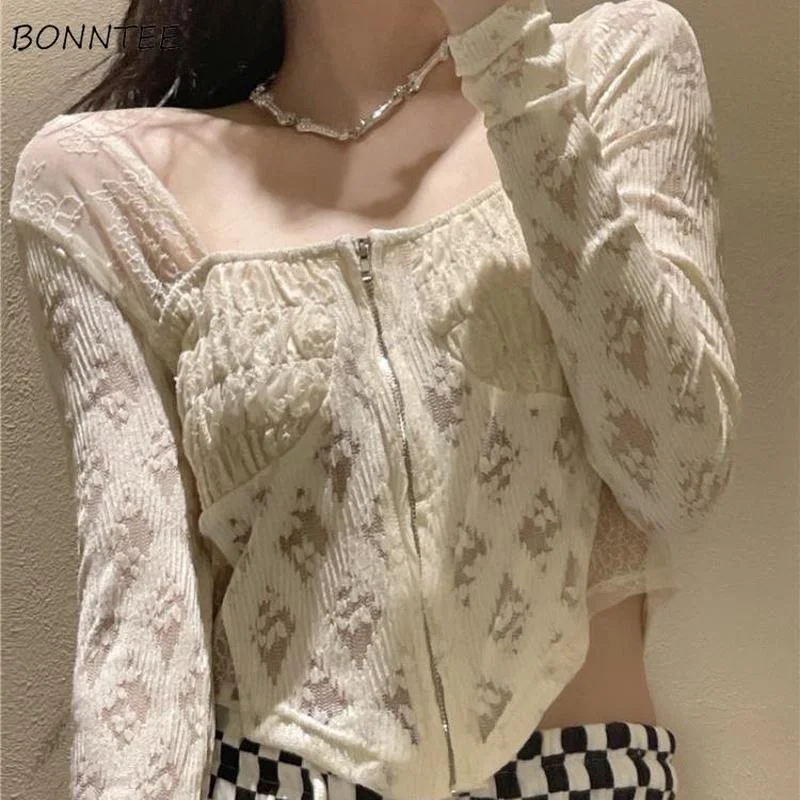

Long Sleeve T-shirts Women Solid Lace Slim Crop Top Design Sweet Sexy Classic Retro футболка Mujer Basic All-match Korean Style
