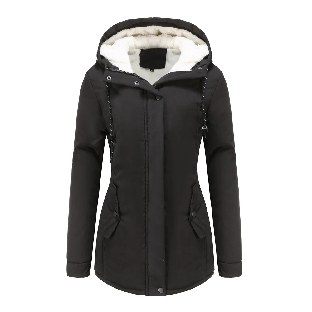 

Women Winter Coat Warm Slim Outerwear Fashion Elastic Waist Zipper Pocket Hooded Drawstring Overcoats Autumn Clothes