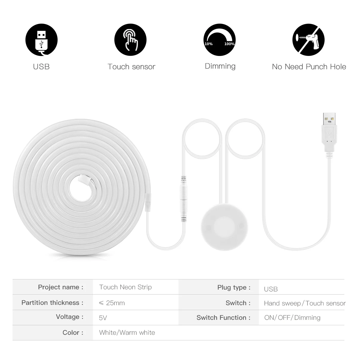 USB-лента с сенсорным выключателем 5 В регулируемой яркостью